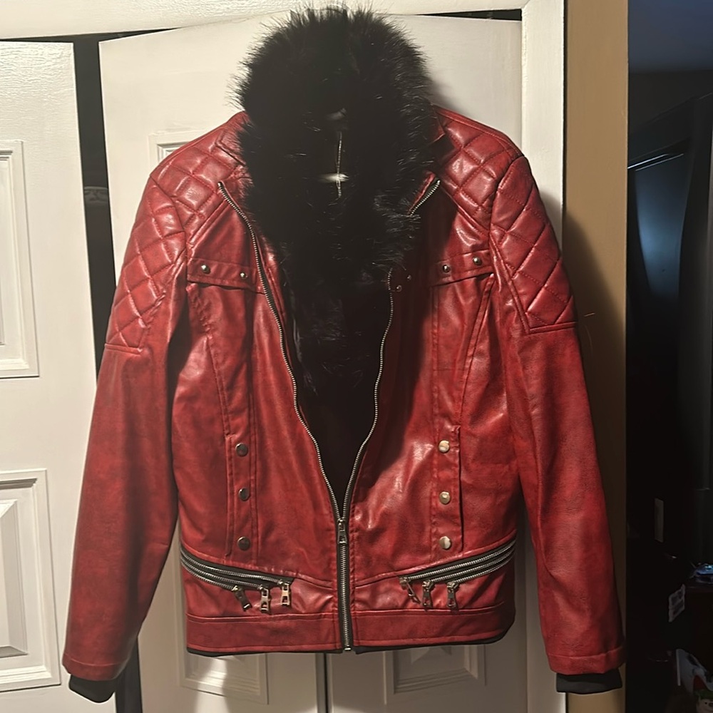 K- POP Temu red leather jacket with fur hood